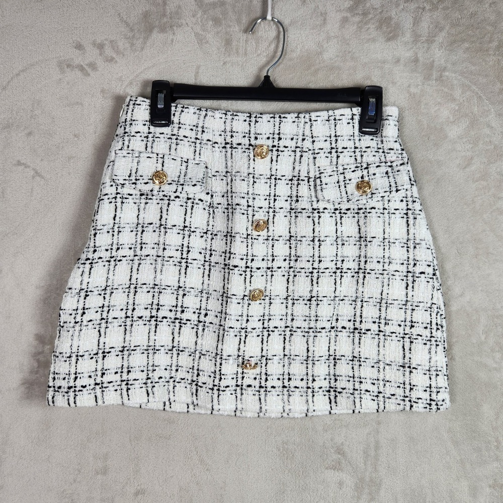 CUPSHE Mini Skirt Womens Small White Black Plaid Tweed Gold Button Preppy Retro